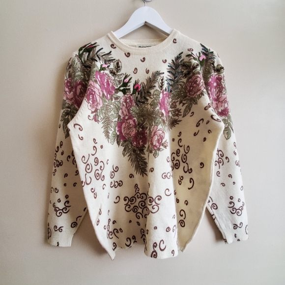 Vintage Magnolia beautiful tatto like pattern print sweater S - Picture 2 of 5